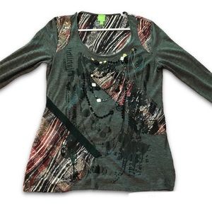 Adam Jacobs Gray Beads, Pailletes Sequins Rhinestone Studs Lace Long Sleeve Top